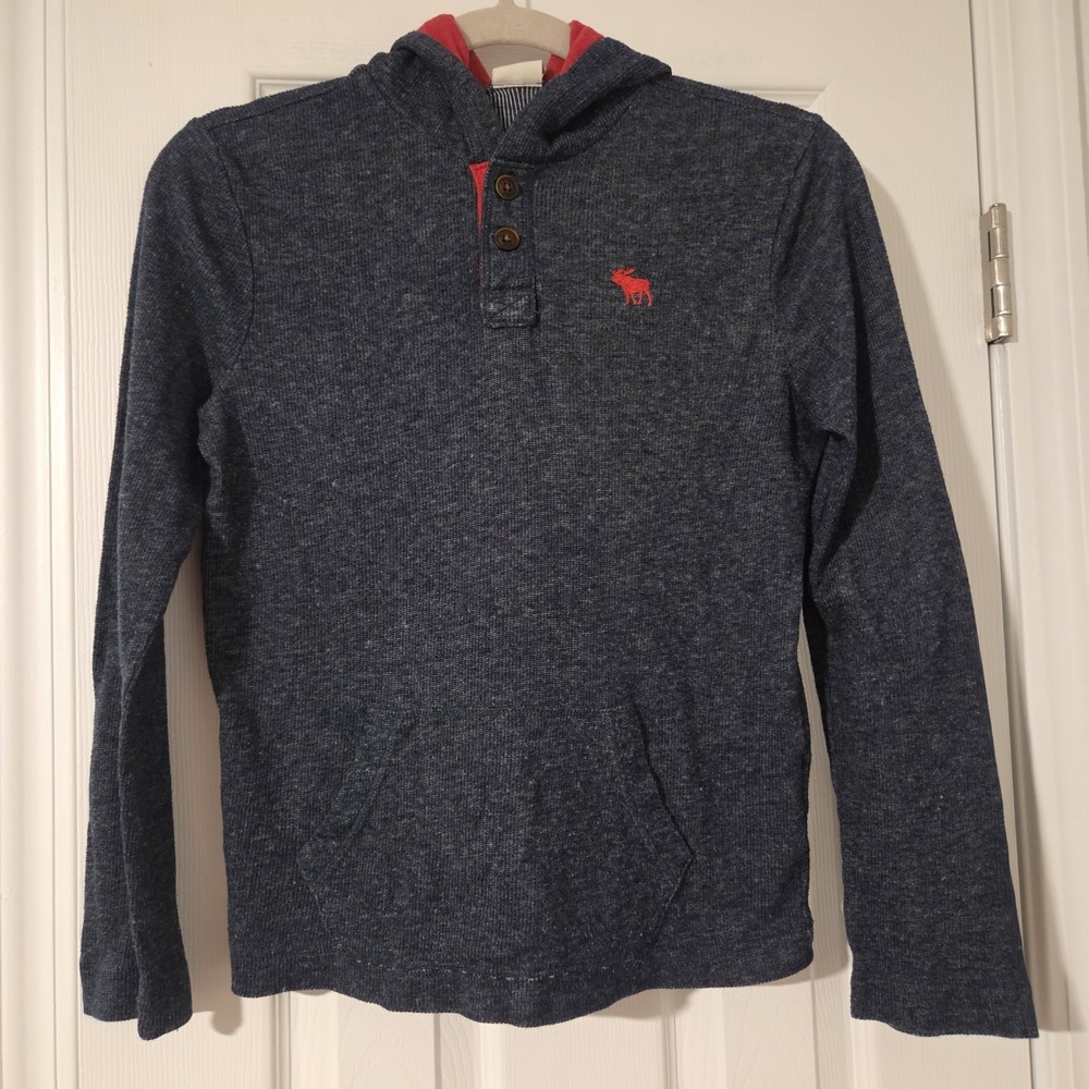 Abercrombie Kids Boys Henley Hoodie Blue Marled Knit Red Moose Logo Size L